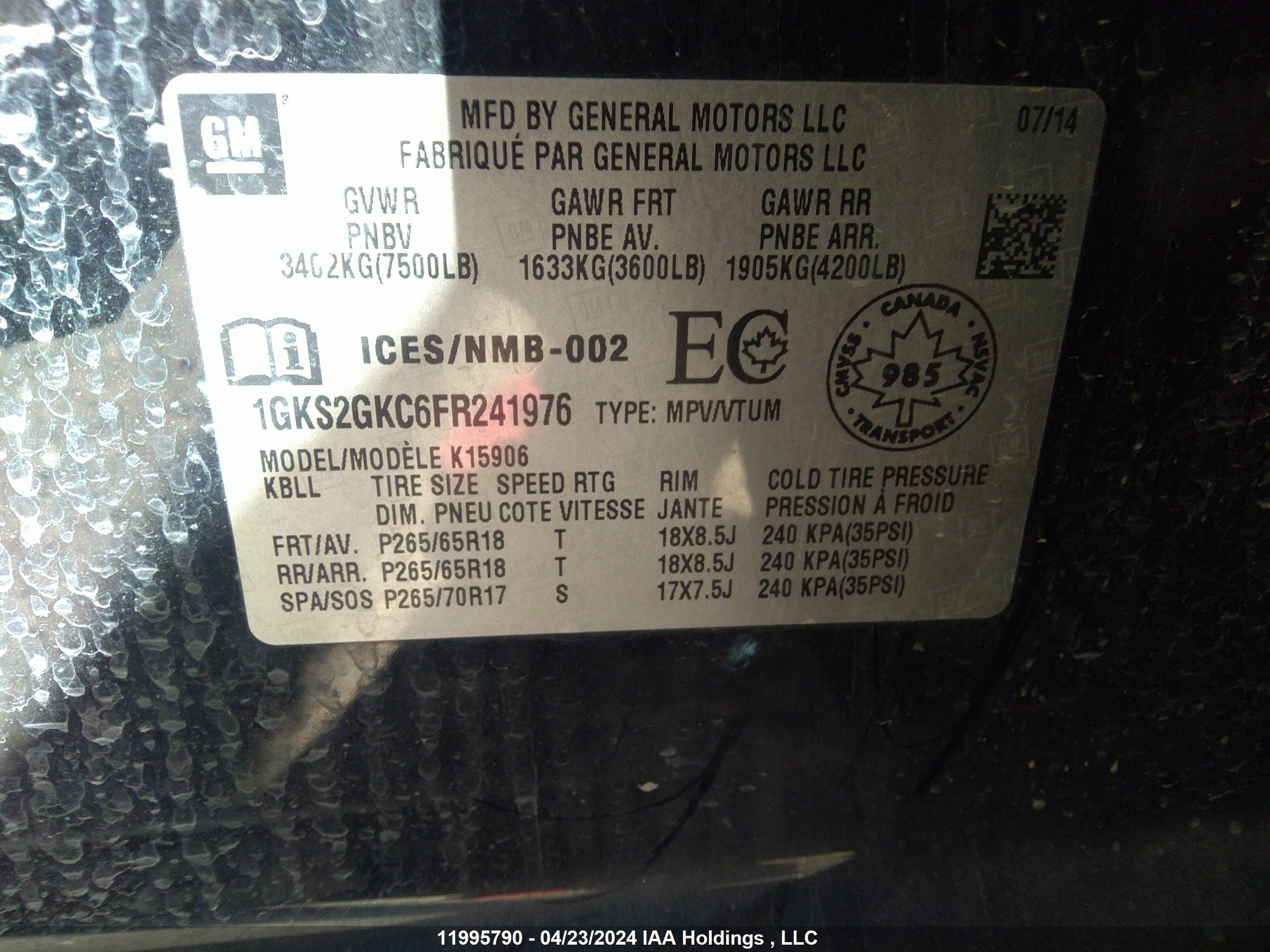 Photo 8 VIN: 1GKS2GKC6FR241976 - GMC YUKON 