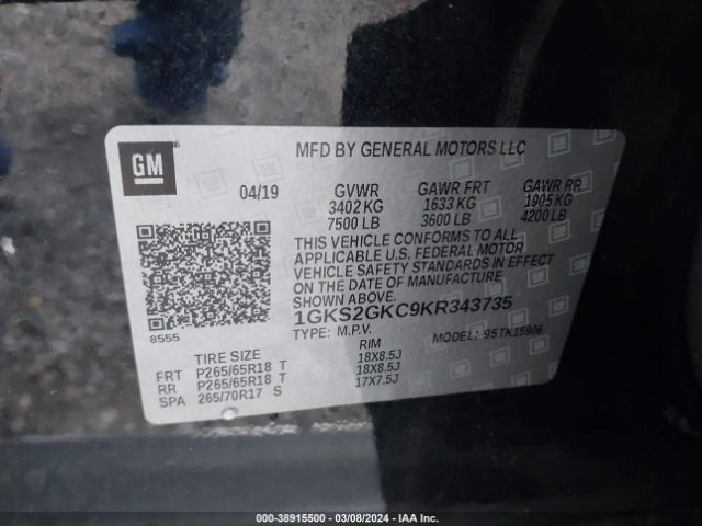 Photo 8 VIN: 1GKS2GKC9KR343735 - GMC YUKON XL 