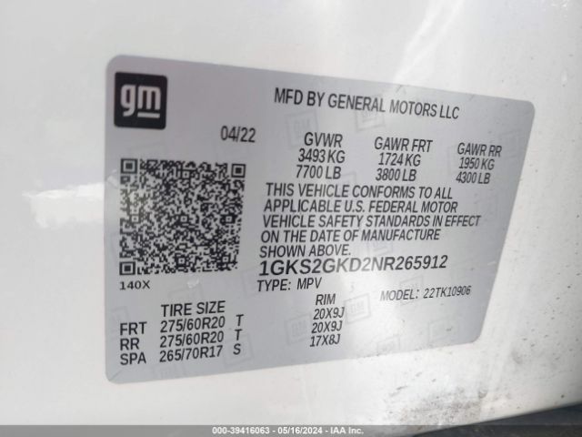 Photo 8 VIN: 1GKS2GKD2NR265912 - GMC YUKON XL 