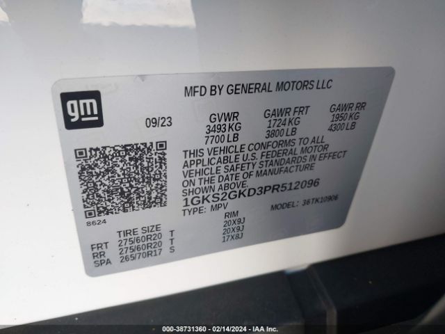 Photo 8 VIN: 1GKS2GKD3PR512096 - GMC YUKON XL 