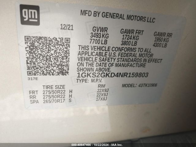 Photo 8 VIN: 1GKS2GKD4NR159803 - GMC YUKON XL 