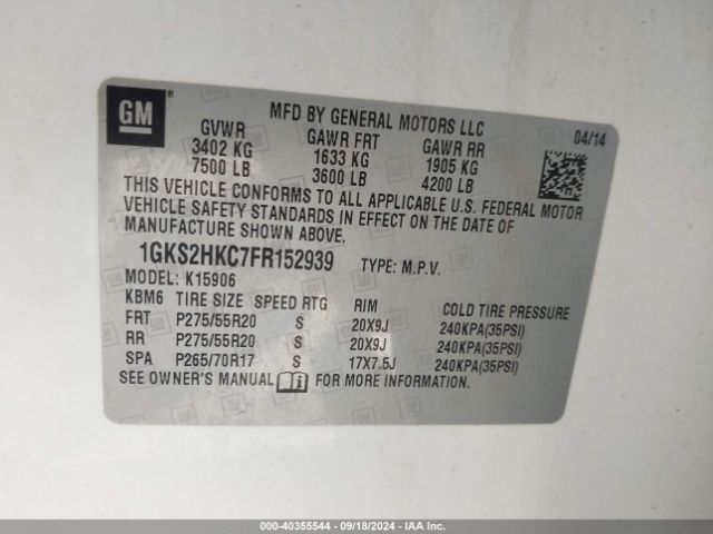 Photo 8 VIN: 1GKS2HKC7FR152939 - GMC YUKON XL 