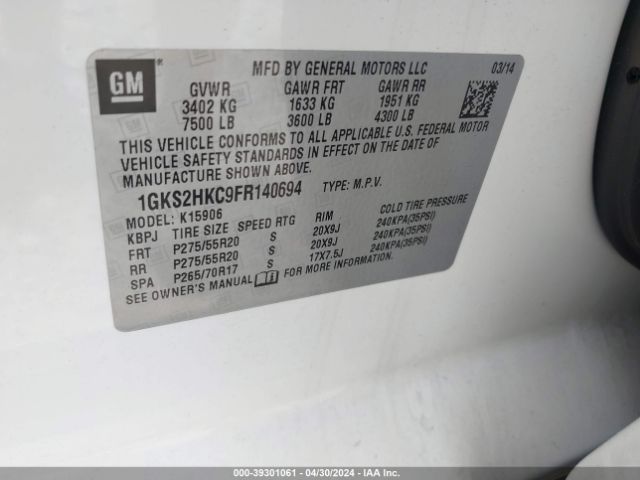 Photo 8 VIN: 1GKS2HKC9FR140694 - GMC YUKON XL 1500 