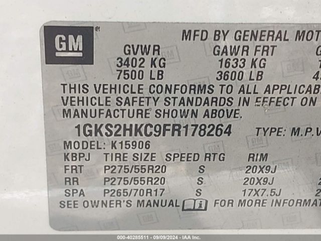 Photo 8 VIN: 1GKS2HKC9FR178264 - GMC YUKON XL 