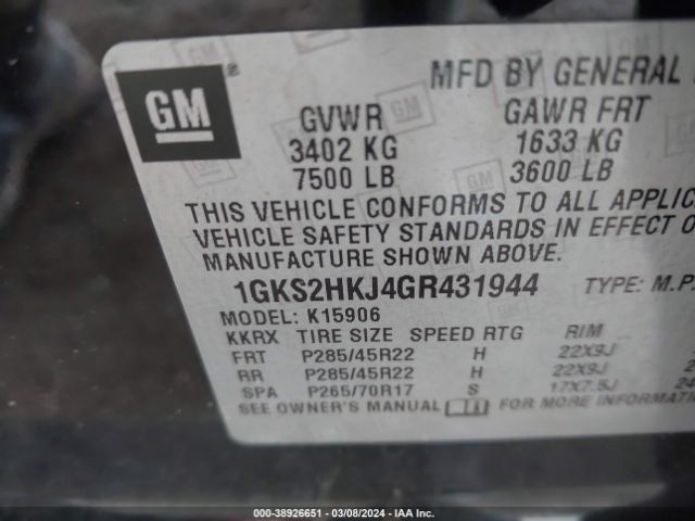 Photo 8 VIN: 1GKS2HKJ4GR431944 - GMC YUKON XL 