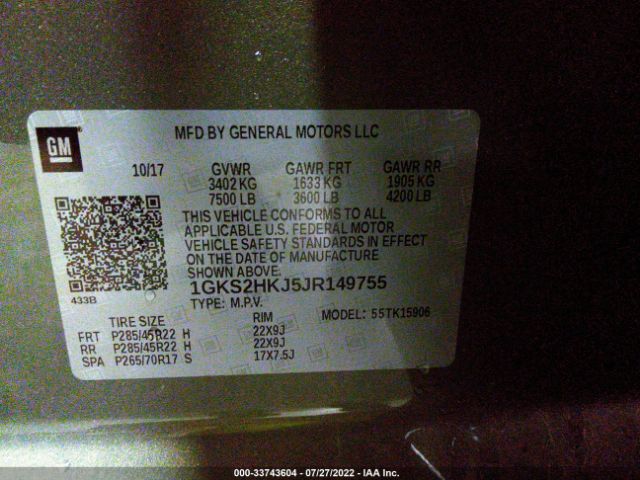 Photo 8 VIN: 1GKS2HKJ5JR149755 - GMC YUKON XL 