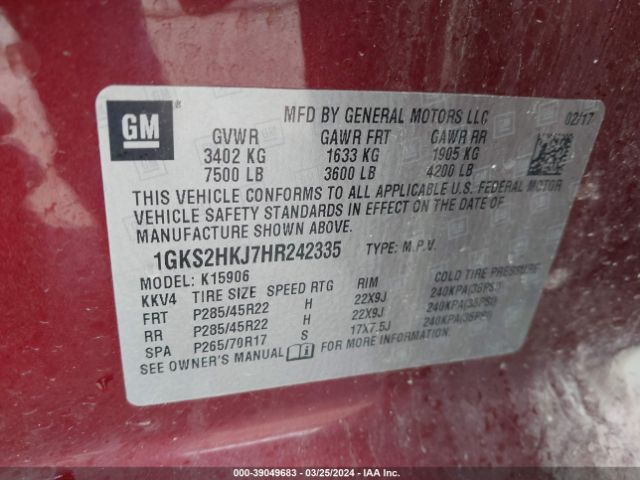 Photo 8 VIN: 1GKS2HKJ7HR242335 - GMC YUKON XL 