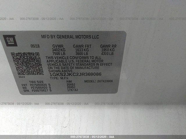 Photo 8 VIN: 1GKS2JKC2JR369086 - GMC YUKON XL 