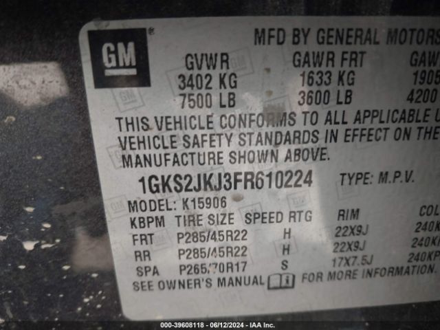 Photo 8 VIN: 1GKS2JKJ3FR610224 - GMC YUKON XL 