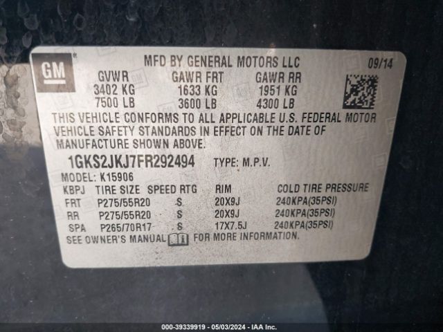 Photo 8 VIN: 1GKS2JKJ7FR292494 - GMC YUKON XL 