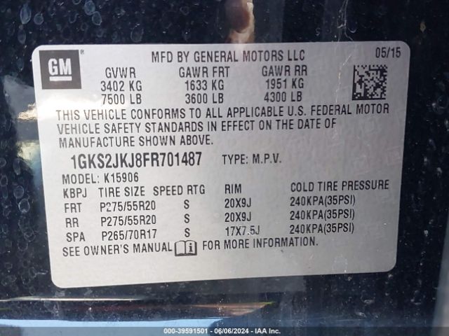 Photo 8 VIN: 1GKS2JKJ8FR701487 - GMC YUKON XL 