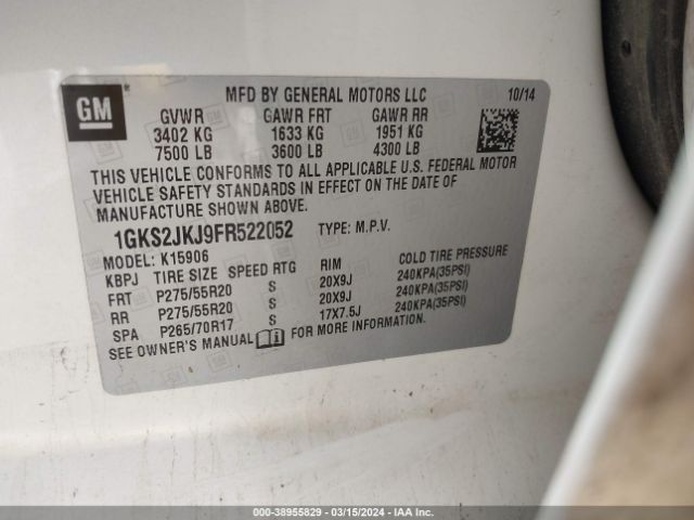 Photo 8 VIN: 1GKS2JKJ9FR522052 - GMC YUKON XL 1500 