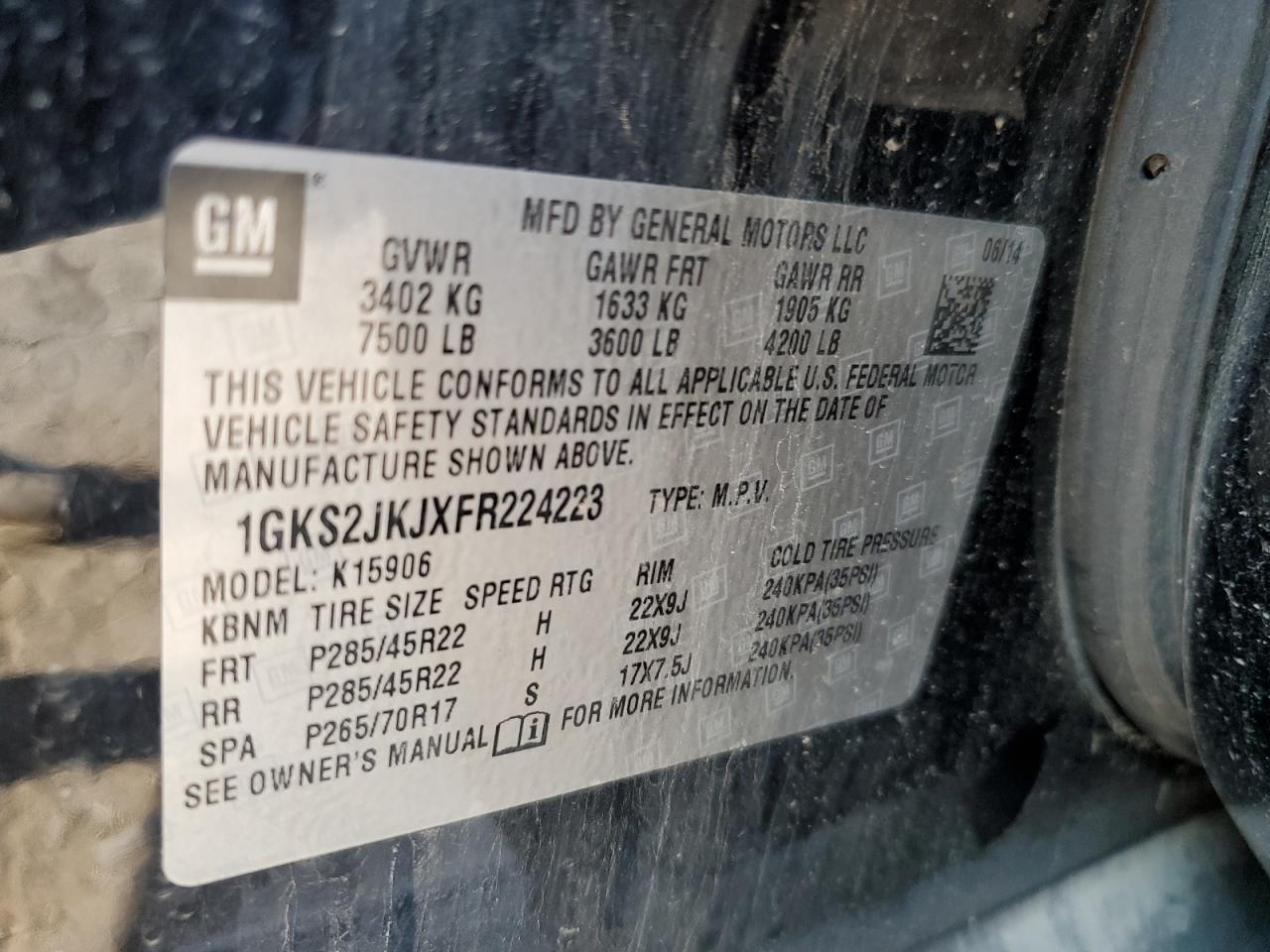 Photo 12 VIN: 1GKS2JKJXFR224223 - GMC YUKON 