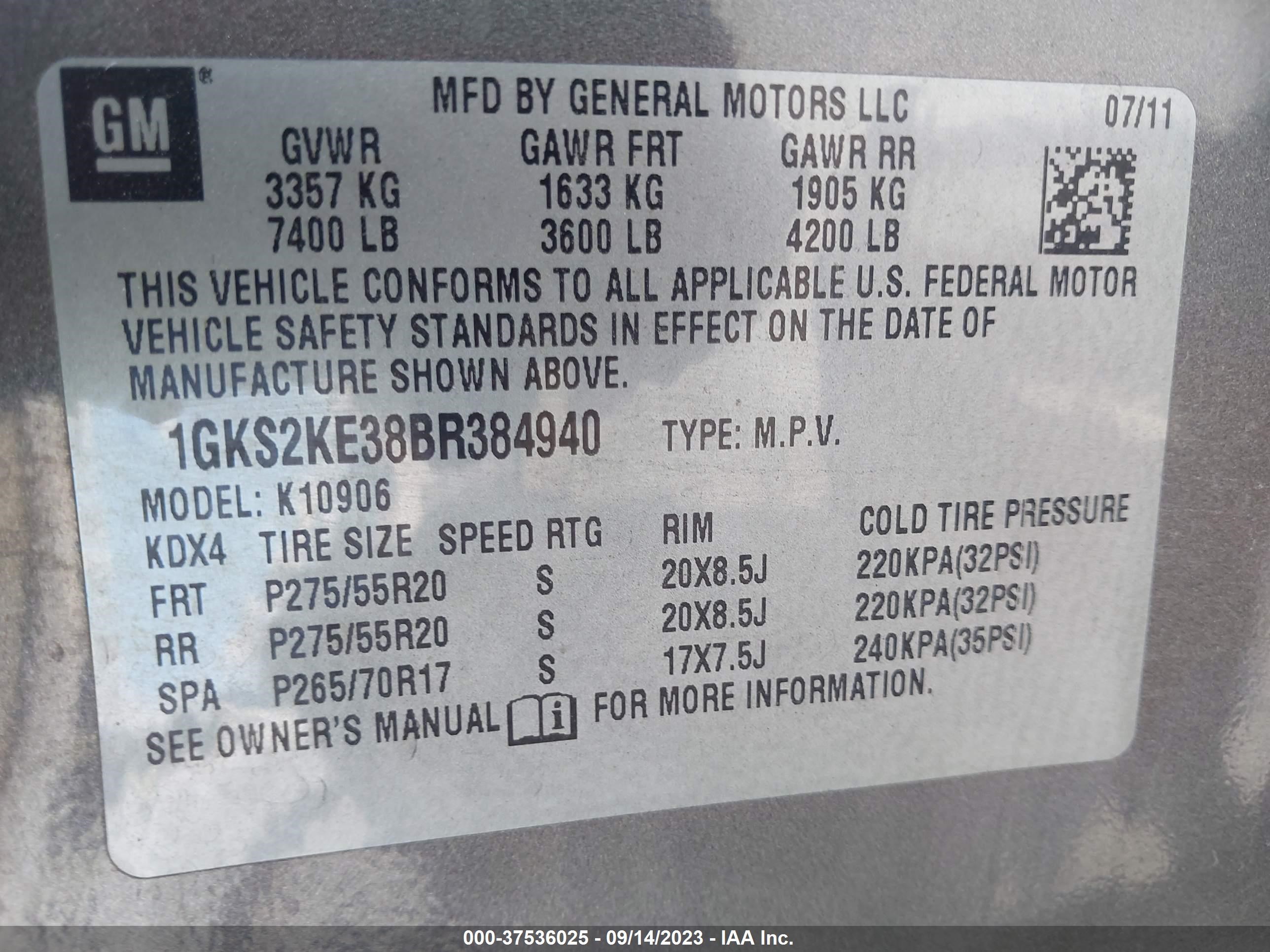 Photo 8 VIN: 1GKS2KE38BR384940 - GMC YUKON 