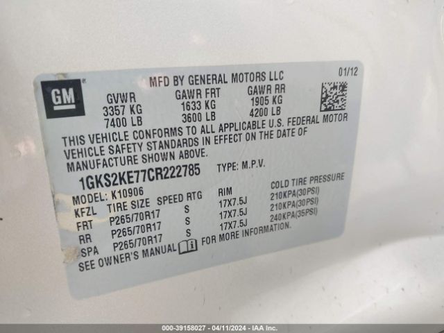 Photo 8 VIN: 1GKS2KE77CR222785 - GMC YUKON XL 1500 