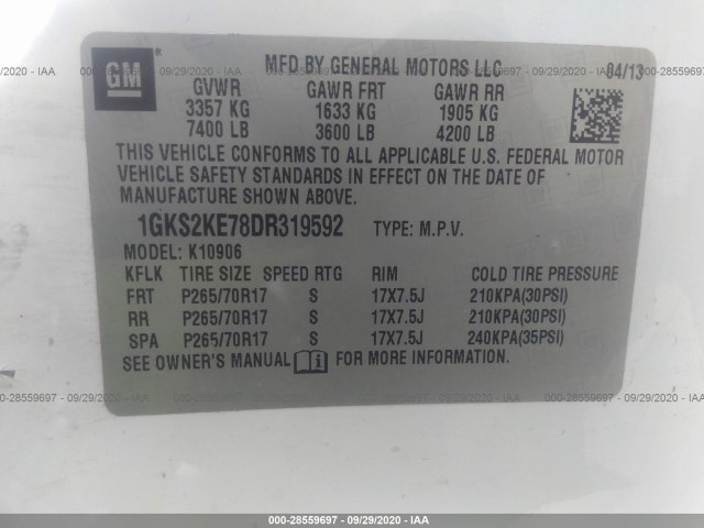 Photo 8 VIN: 1GKS2KE78DR319592 - GMC YUKON XL 