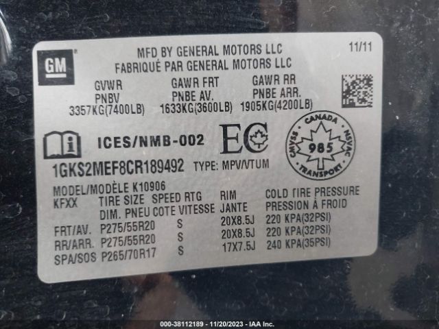 Photo 8 VIN: 1GKS2MEF8CR189492 - GMC YUKON XL 1500 