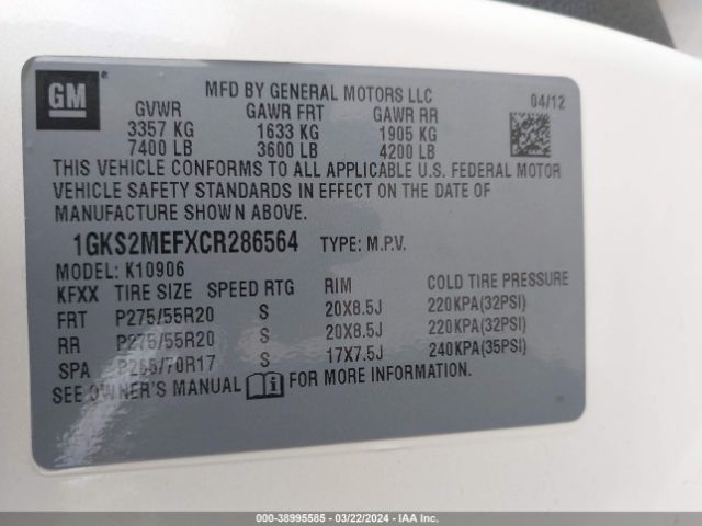 Photo 8 VIN: 1GKS2MEFXCR286564 - GMC YUKON XL 1500 