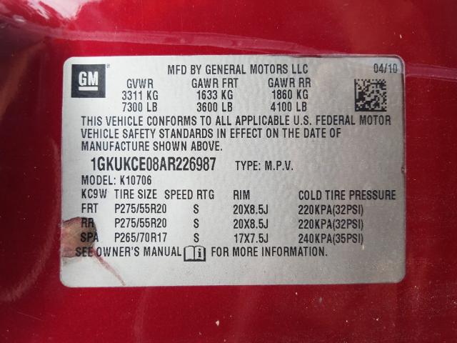 Photo 9 VIN: 1GKUKCE08AR226987 - GMC YUKON SLT 