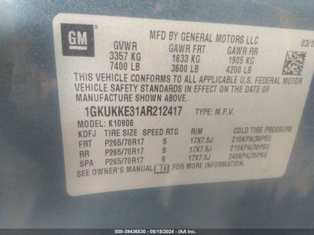 Photo 8 VIN: 1GKUKKE31AR212417 - GMC YUKON XL 