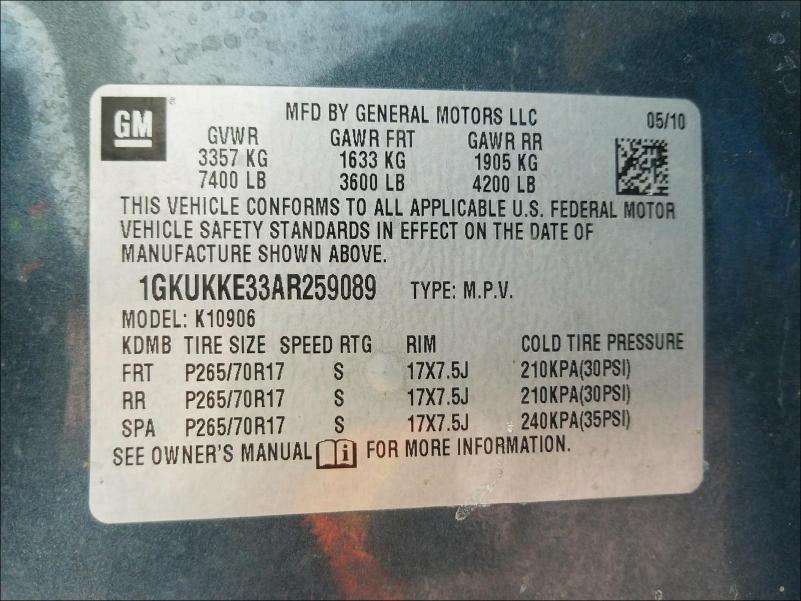 Photo 9 VIN: 1GKUKKE33AR259089 - GMC YUKON XL K 