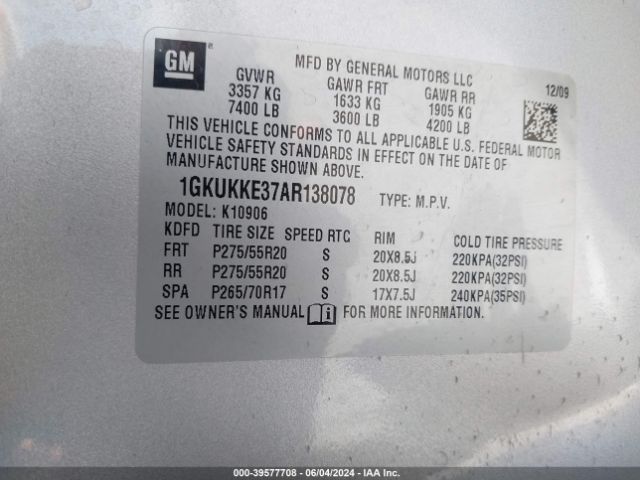 Photo 8 VIN: 1GKUKKE37AR138078 - GMC YUKON XL 