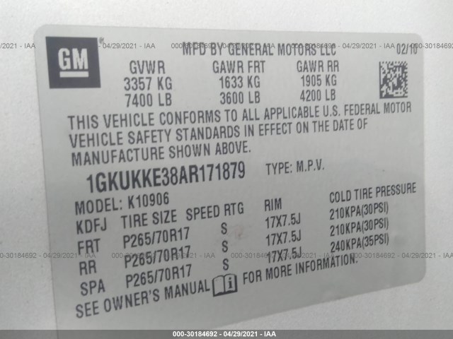 Photo 8 VIN: 1GKUKKE38AR171879 - GMC YUKON XL 