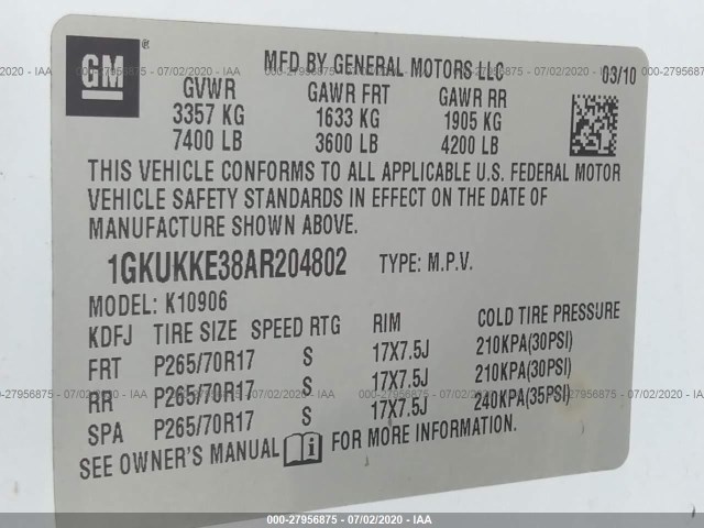 Photo 8 VIN: 1GKUKKE38AR204802 - GMC YUKON XL 