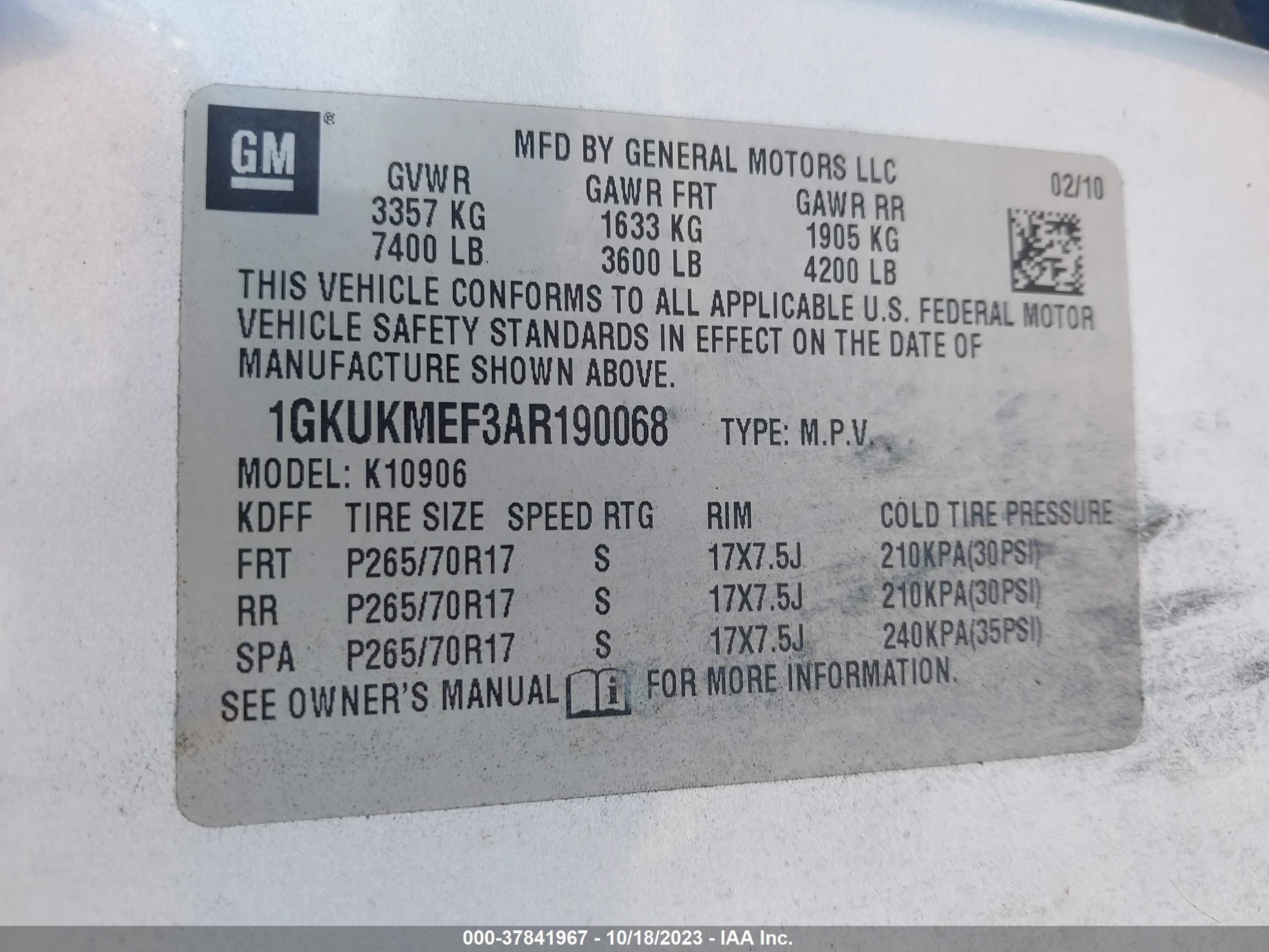 Photo 8 VIN: 1GKUKMEF3AR190068 - GMC YUKON 