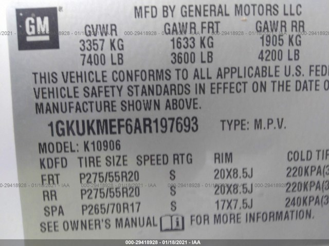 Photo 8 VIN: 1GKUKMEF6AR197693 - GMC YUKON XL 