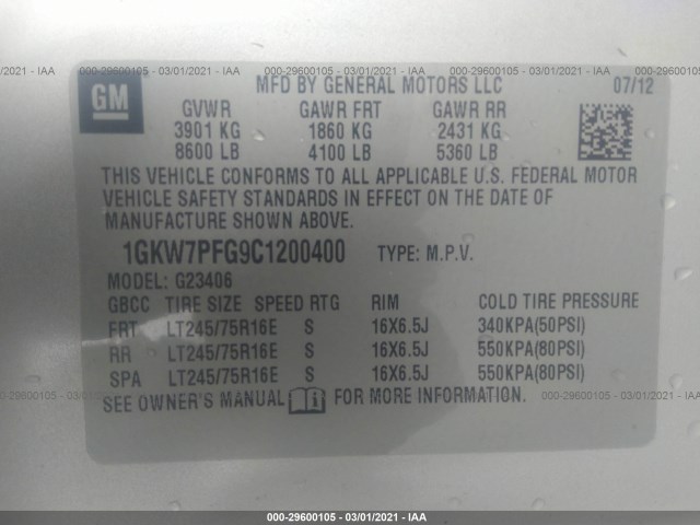 Photo 8 VIN: 1GKW7PFG9C1200400 - GMC SAVANA PASSENGER 