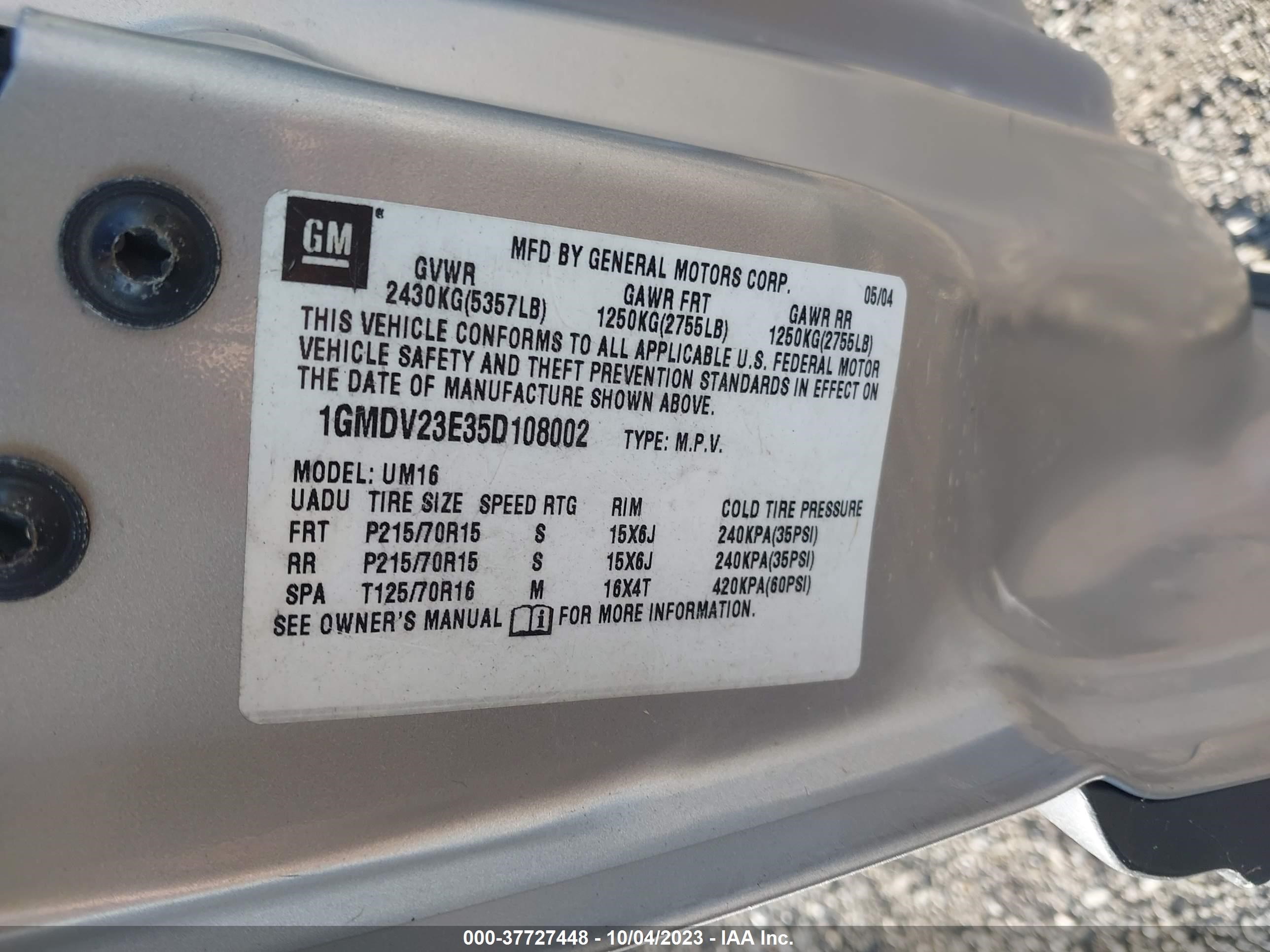 Photo 8 VIN: 1GMDV23E35D108002 - PONTIAC MONTANA 