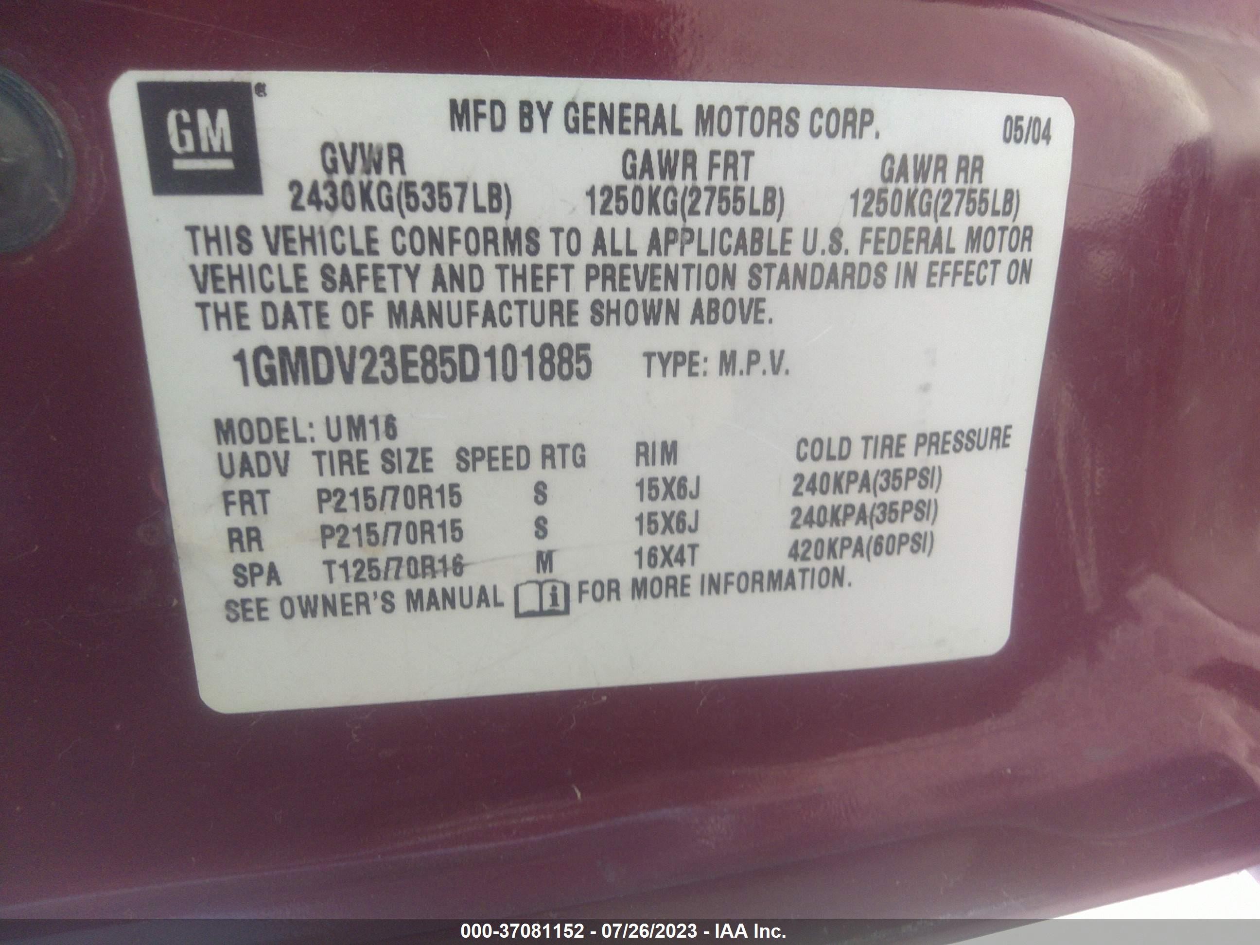 Photo 8 VIN: 1GMDV23E85D101885 - PONTIAC MONTANA 