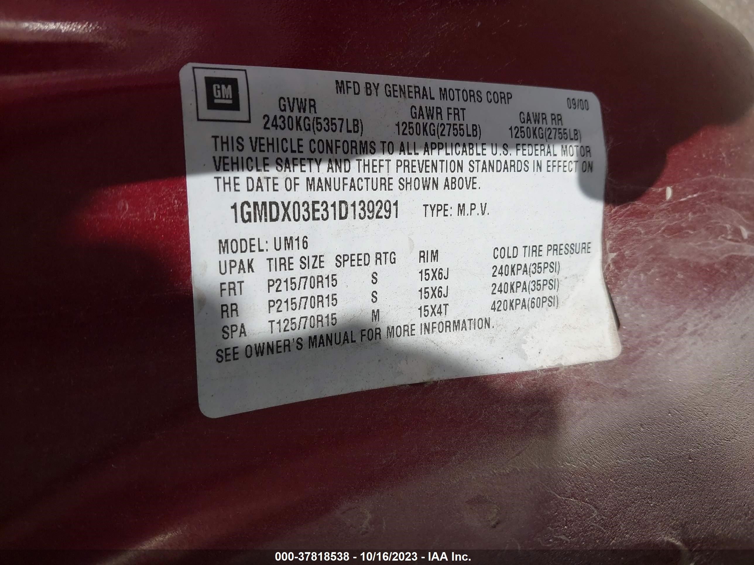 Photo 8 VIN: 1GMDX03E31D139291 - PONTIAC MONTANA 