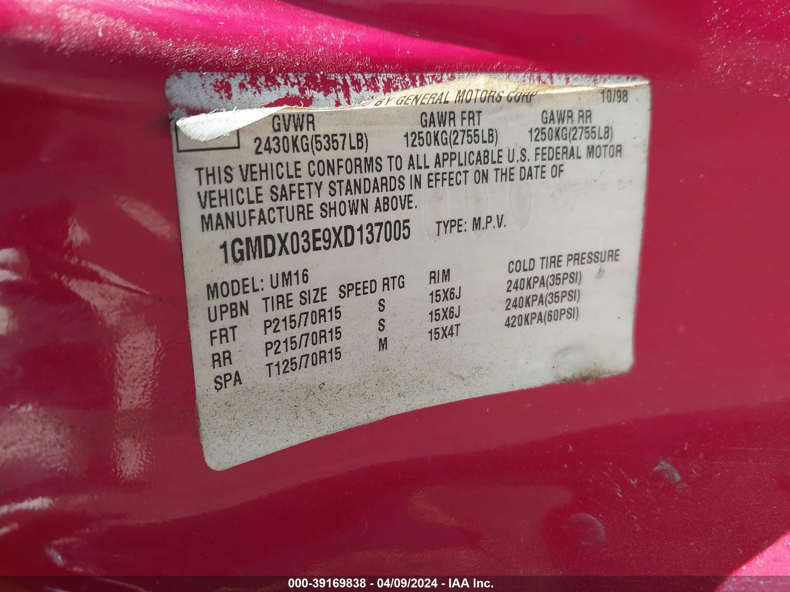 Photo 8 VIN: 1GMDX03E9XD137005 - PONTIAC MONTANA 