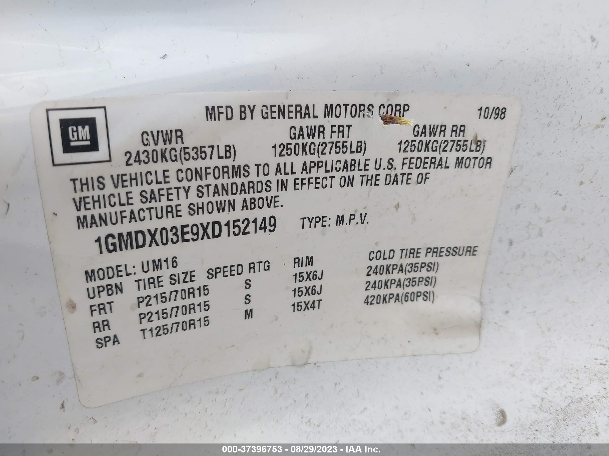 Photo 8 VIN: 1GMDX03E9XD152149 - PONTIAC MONTANA 