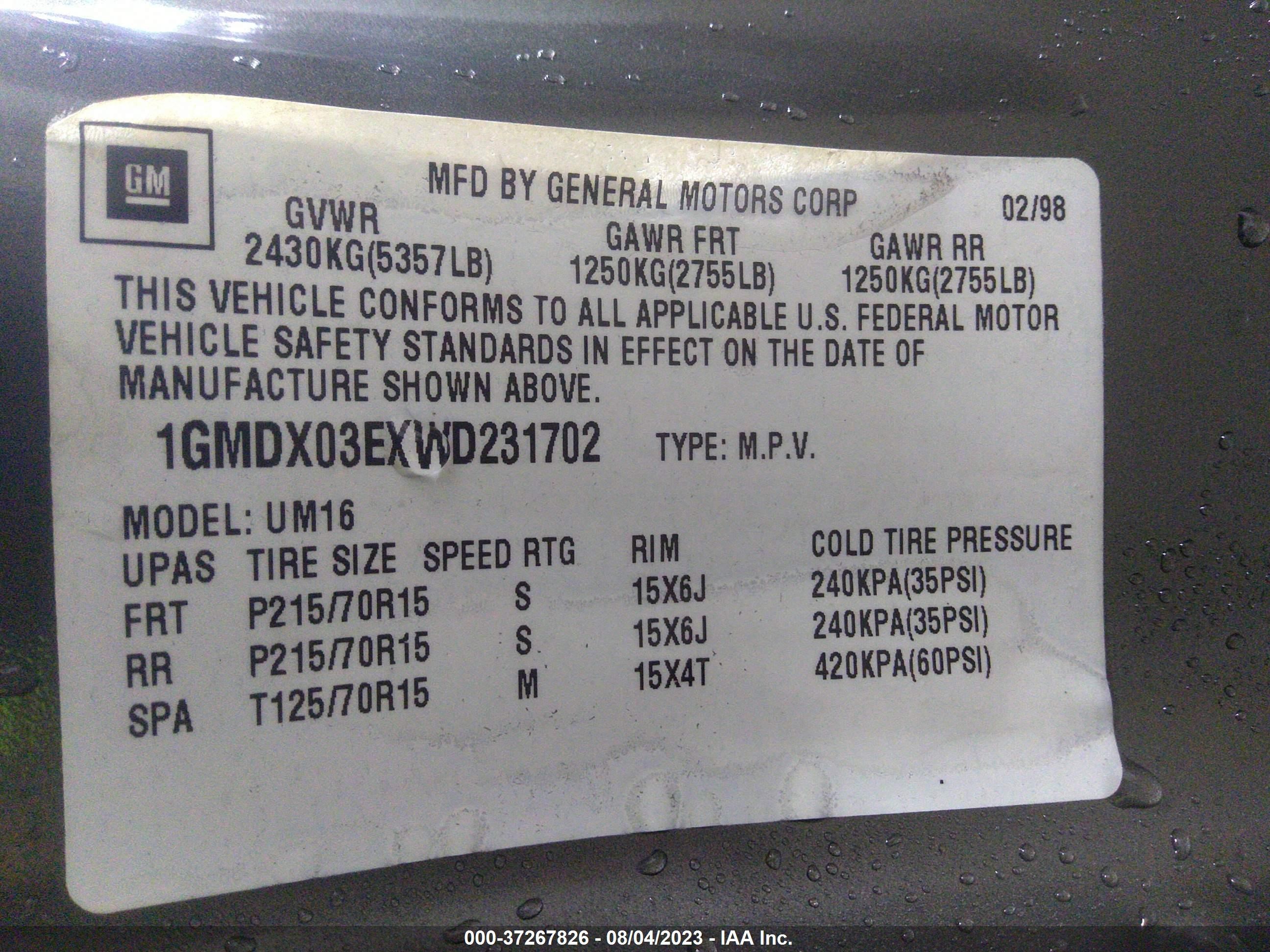 Photo 8 VIN: 1GMDX03EXWD231702 - PONTIAC TRANS SPORT 