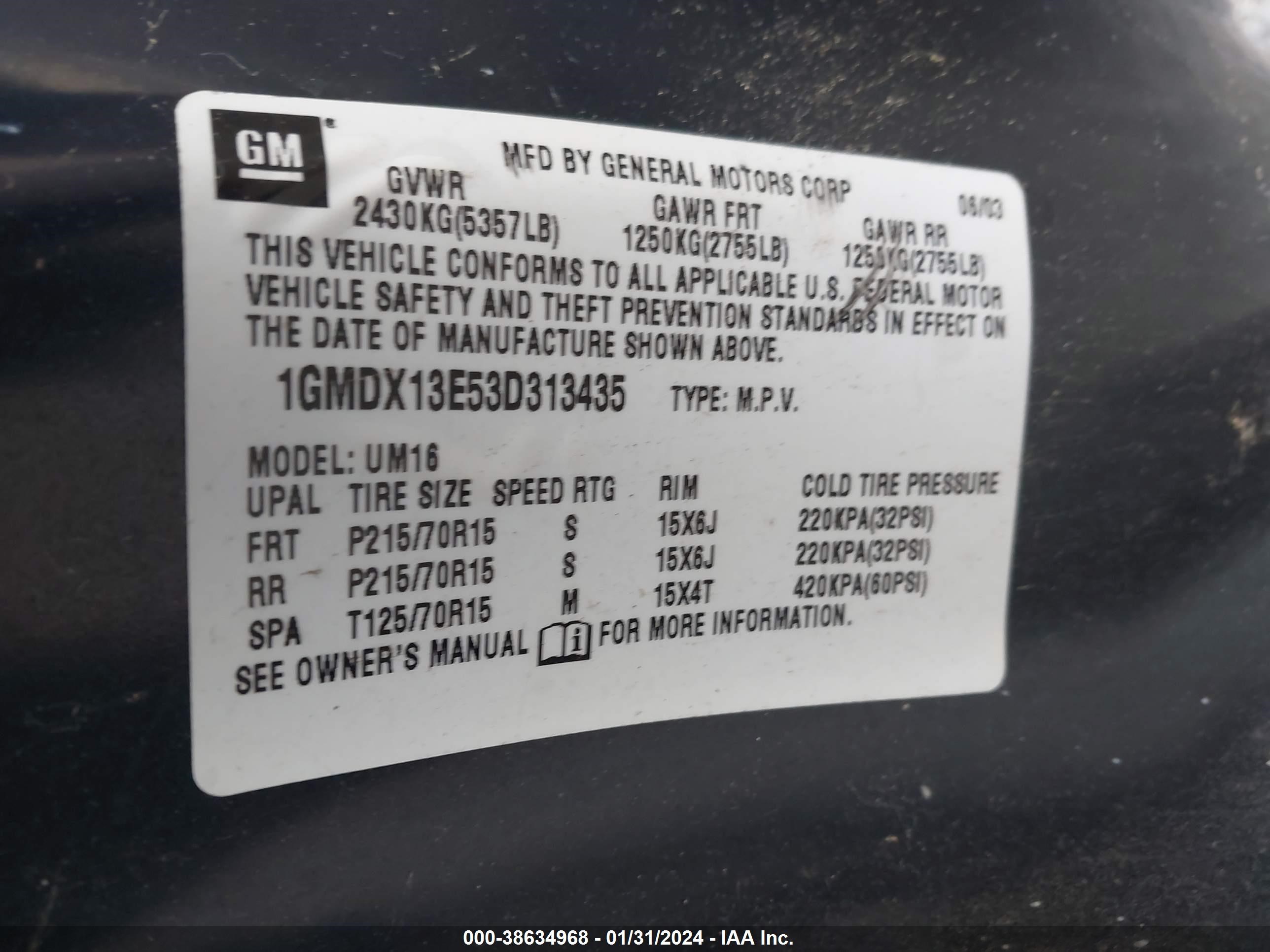 Photo 8 VIN: 1GMDX13E53D313435 - PONTIAC MONTANA 