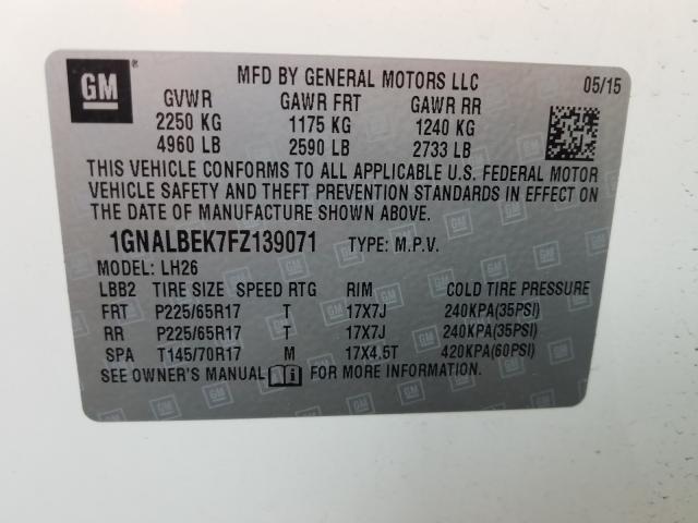 Photo 9 VIN: 1GNALBEK7FZ139071 - CHEVROLET EQUINOX LT 