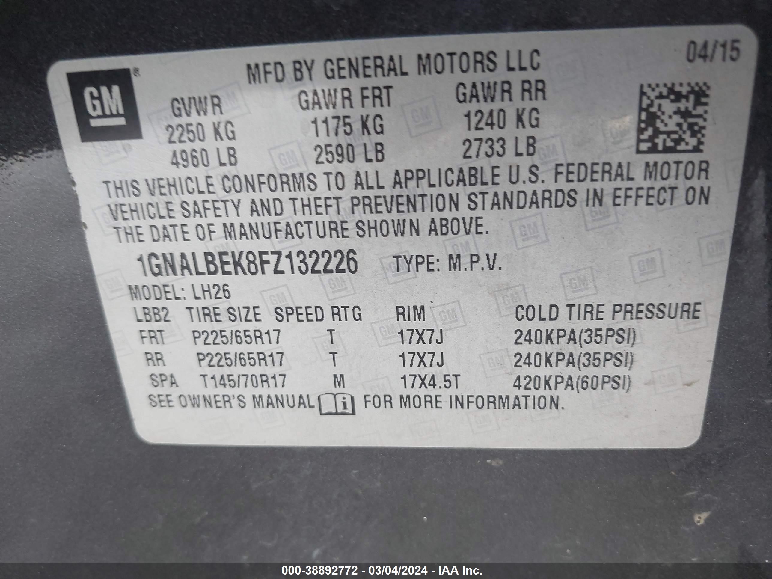 Photo 8 VIN: 1GNALBEK8FZ132226 - CHEVROLET EQUINOX 