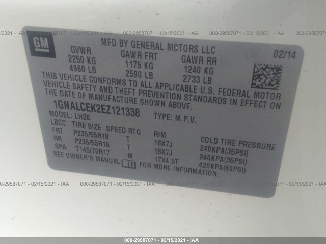 Photo 8 VIN: 1GNALCEK2EZ121338 - CHEVROLET EQUINOX 