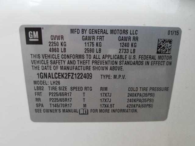 Photo 9 VIN: 1GNALCEK2FZ122409 - CHEVROLET EQUINOX LT 