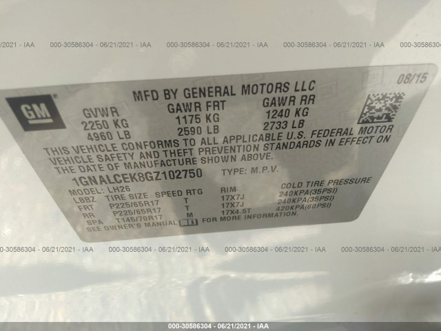 Photo 8 VIN: 1GNALCEK8GZ102750 - CHEVROLET EQUINOX 