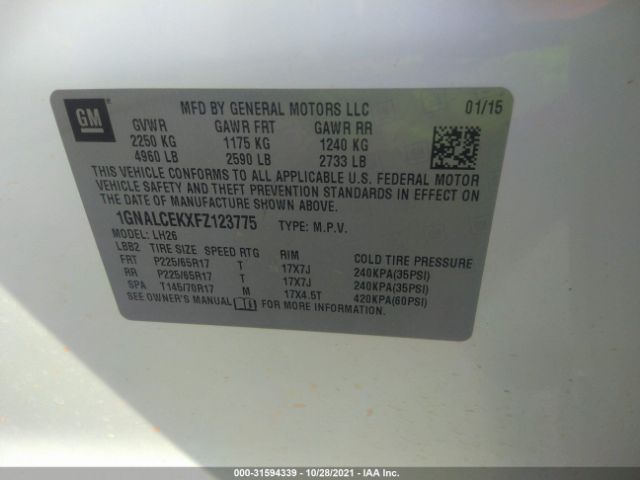 Photo 8 VIN: 1GNALCEKXFZ123775 - CHEVROLET EQUINOX 