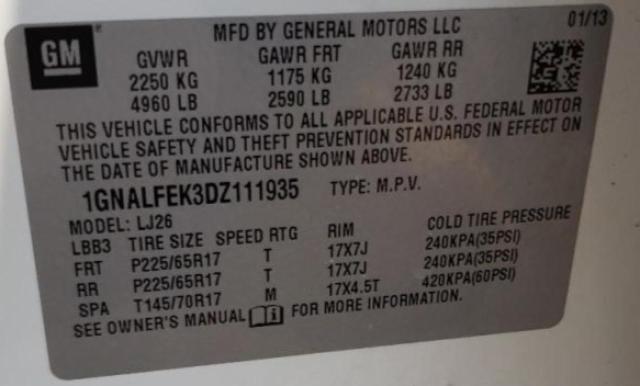 Photo 11 VIN: 1GNALFEK3DZ111935 - CHEVROLET EQUINOX LT 