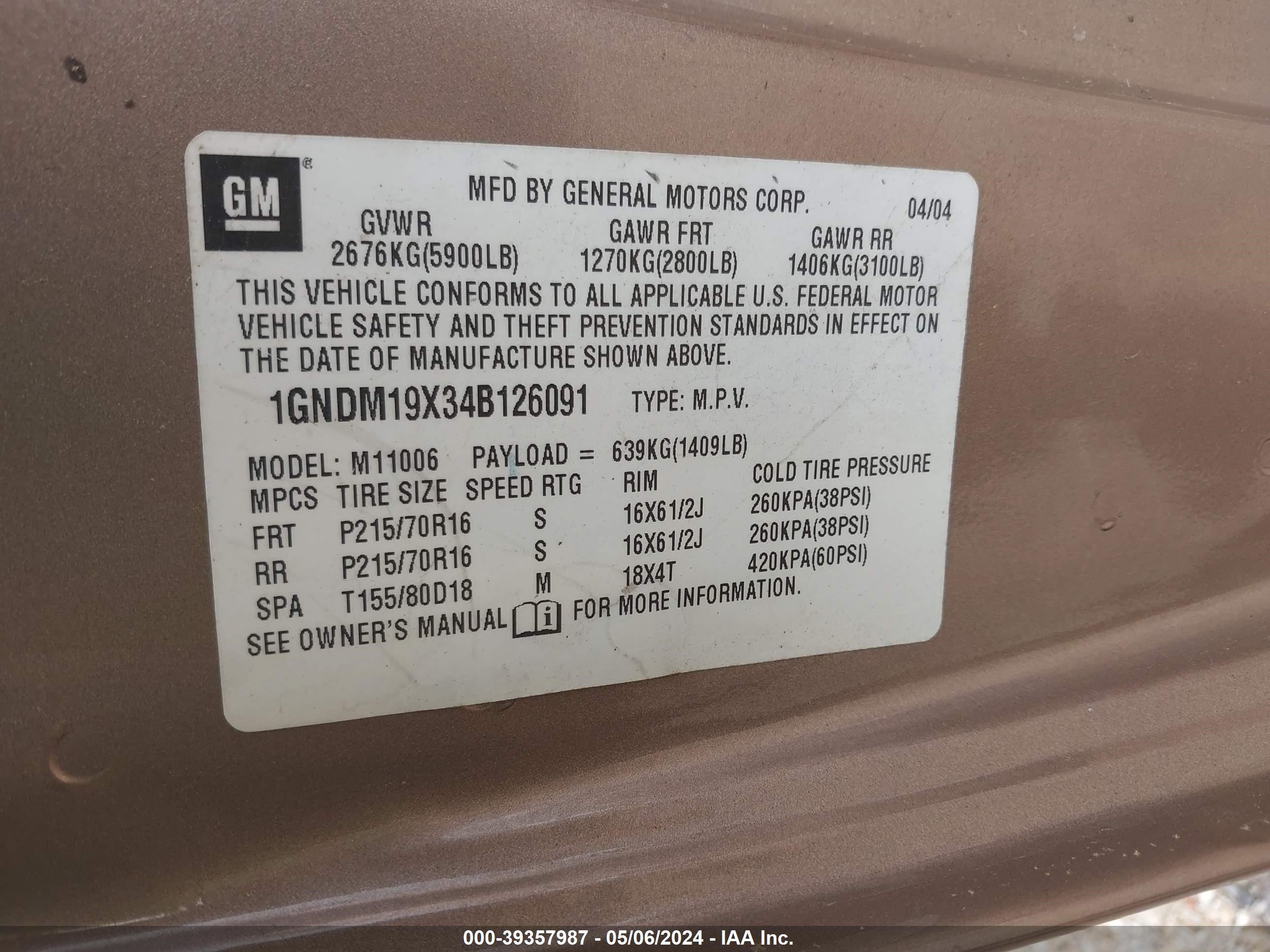 Photo 8 VIN: 1GNDM19X34B126091 - CHEVROLET ASTRO 