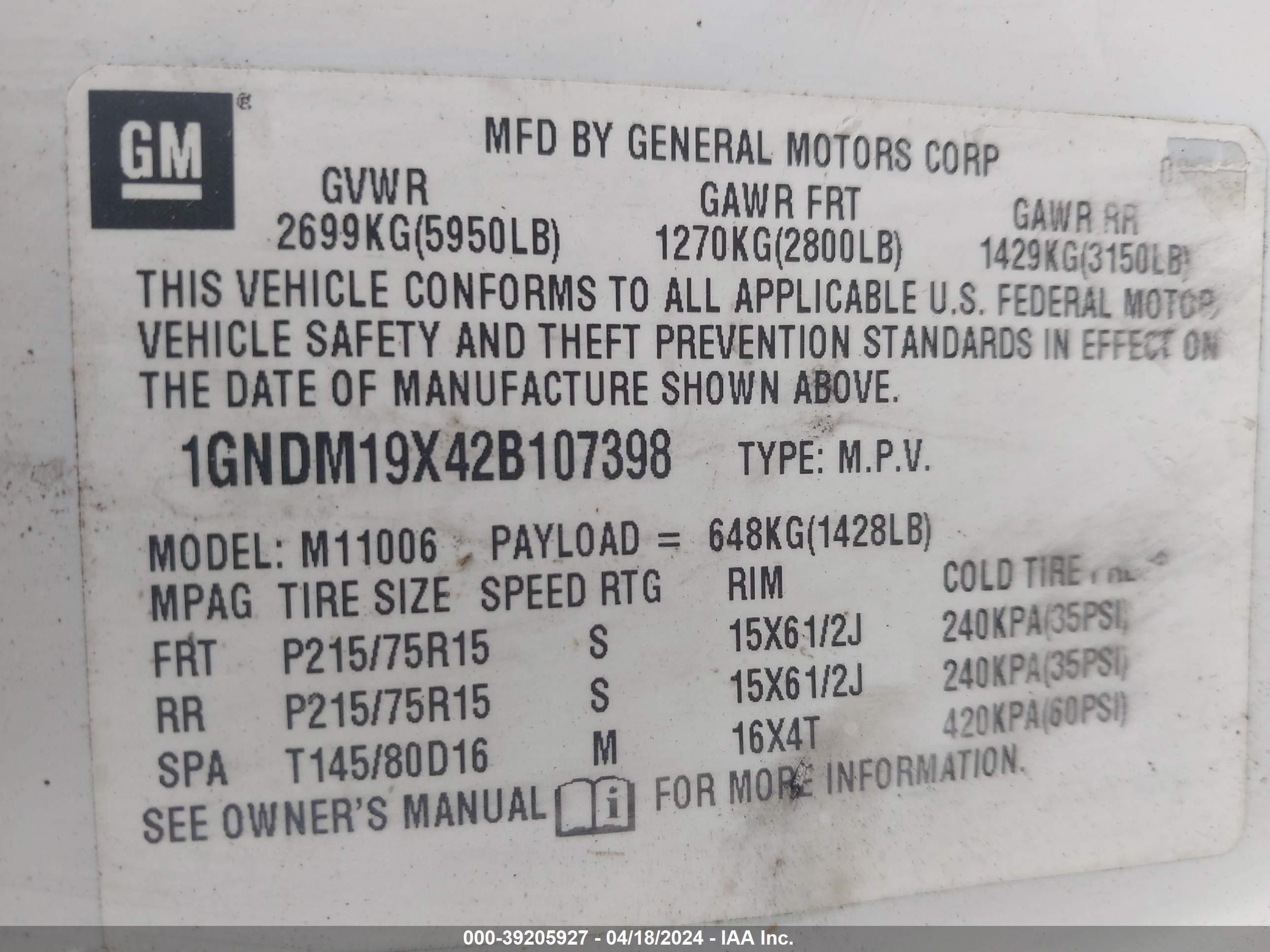 Photo 8 VIN: 1GNDM19X42B107398 - CHEVROLET ASTRO 