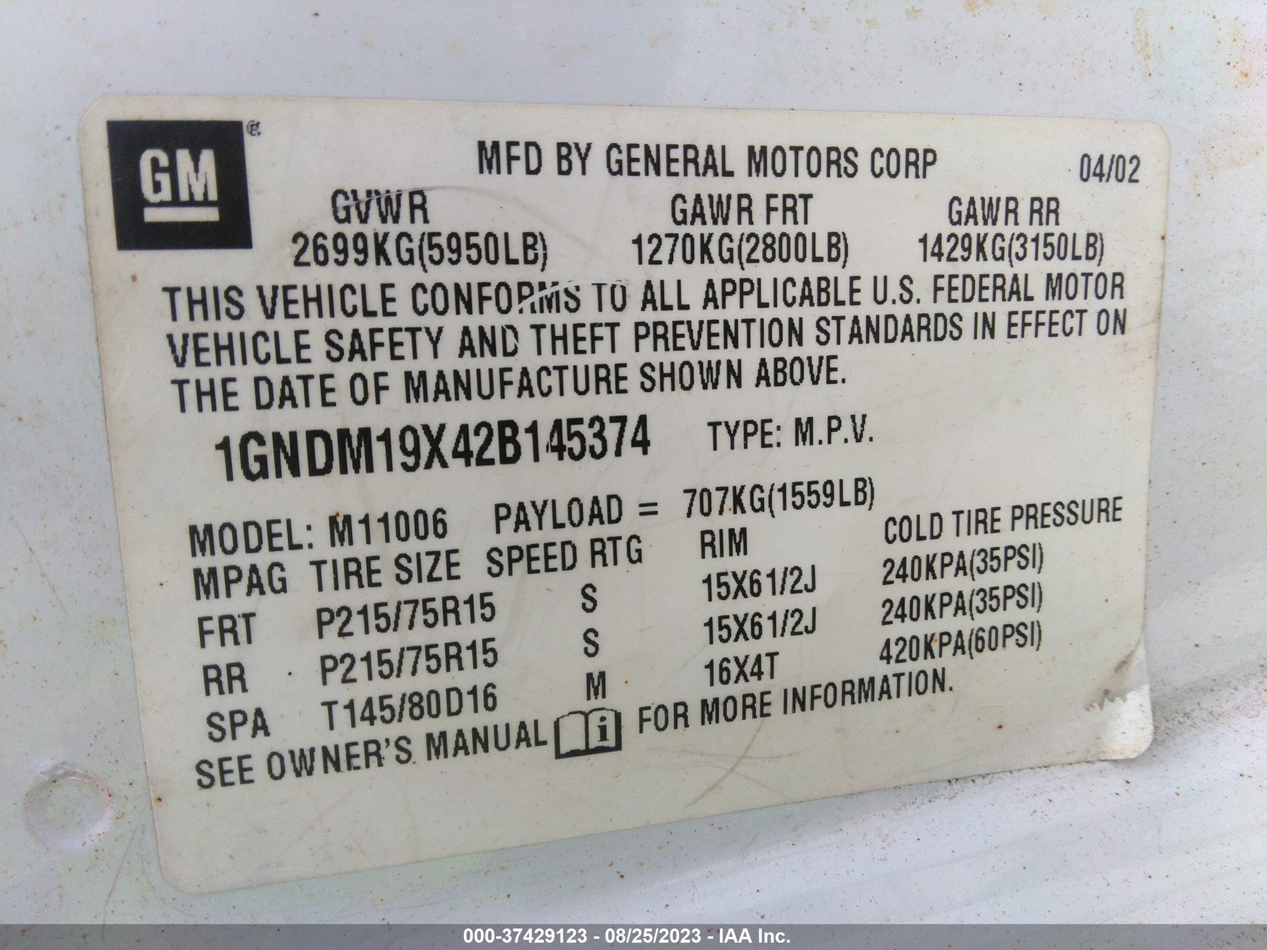 Photo 8 VIN: 1GNDM19X42B145374 - CHEVROLET ASTRO 