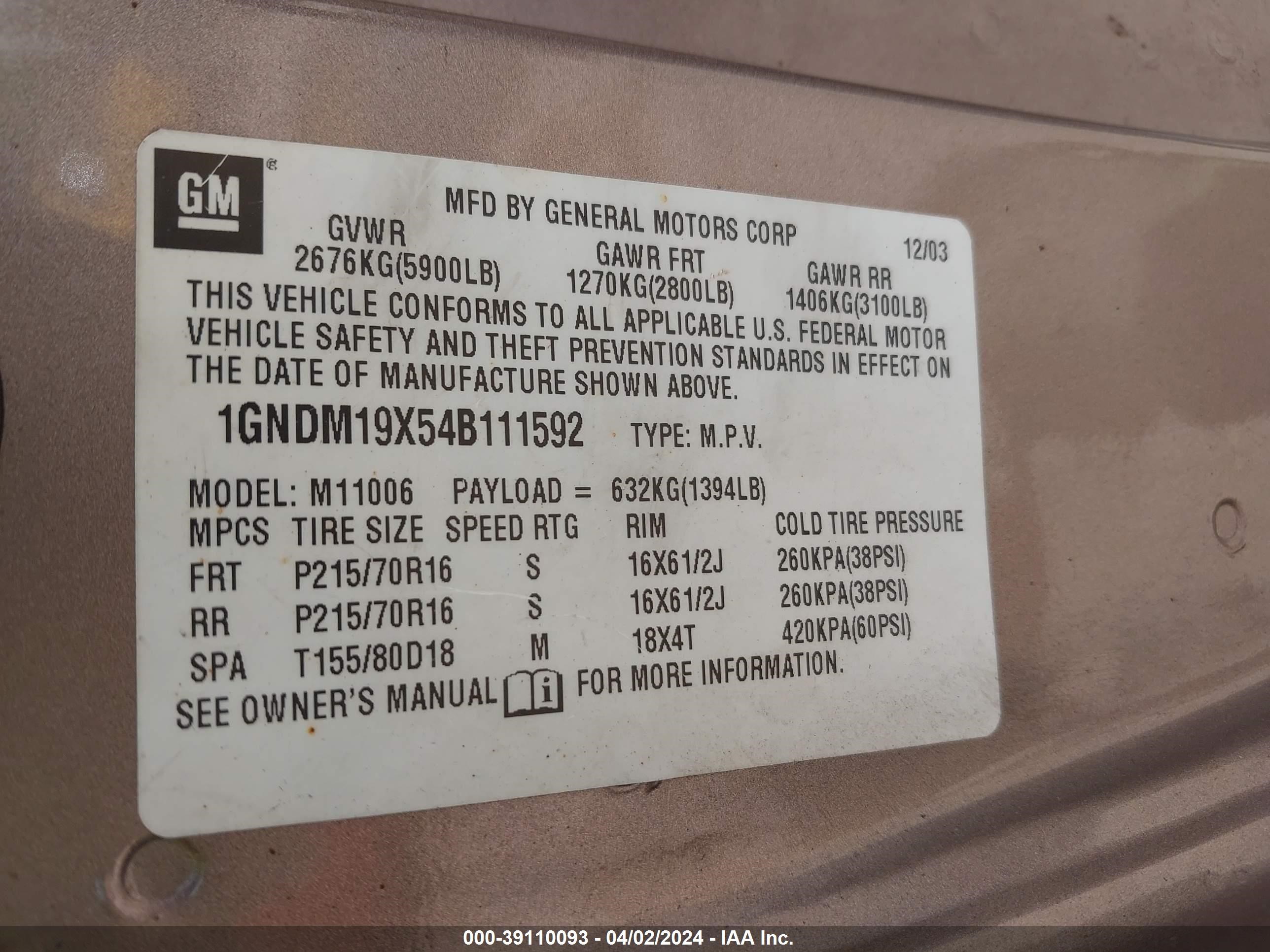 Photo 8 VIN: 1GNDM19X54B111592 - CHEVROLET ASTRO 