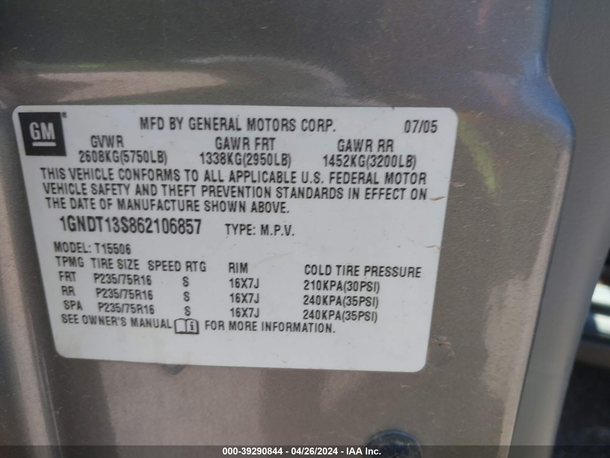 Photo 8 VIN: 1GNDT13S862106857 - CHEVROLET TRAILBLAZER 